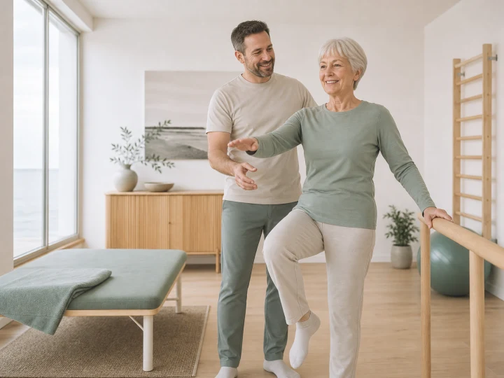 Begleitete Balanceübung in der Praxis Küstenbogen